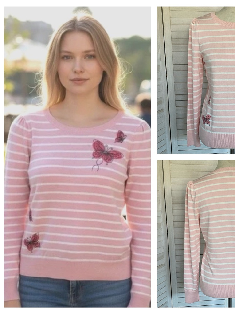 Talbots Pink & White Striped Embroidered Butterfly Long Sleeve Knit Top SZ S
